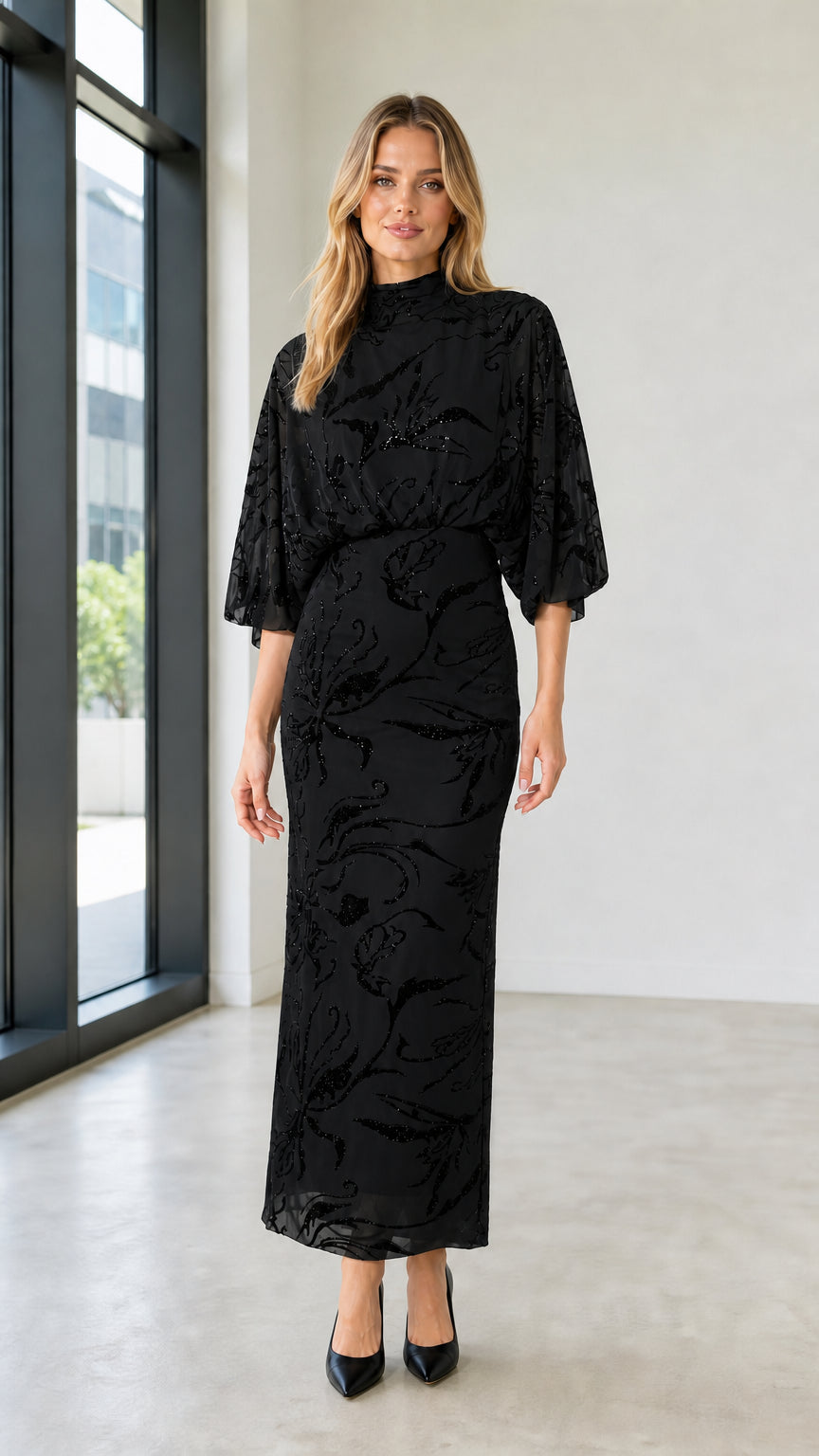 Front view of Black mock neck sequin floral maxi dress
