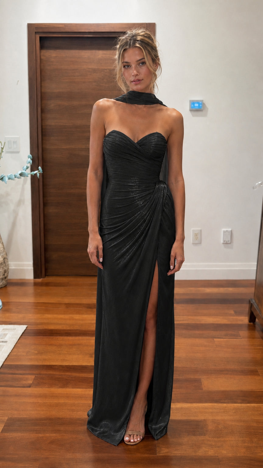 Black ruched halter evening maxi dress with front slit