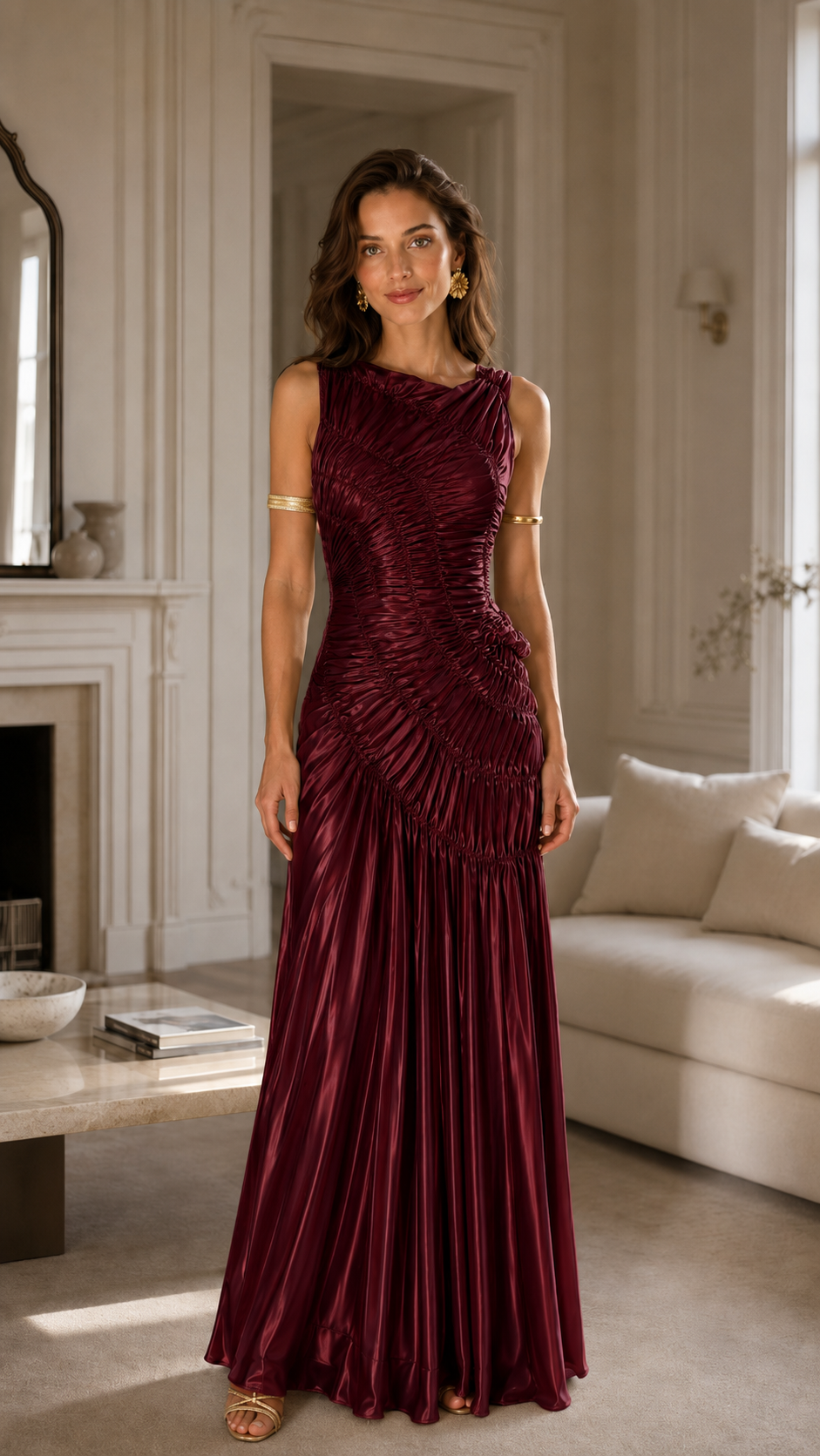 Front view of burgundy ruched sleeveless satin-look mermaid maxi evening gown