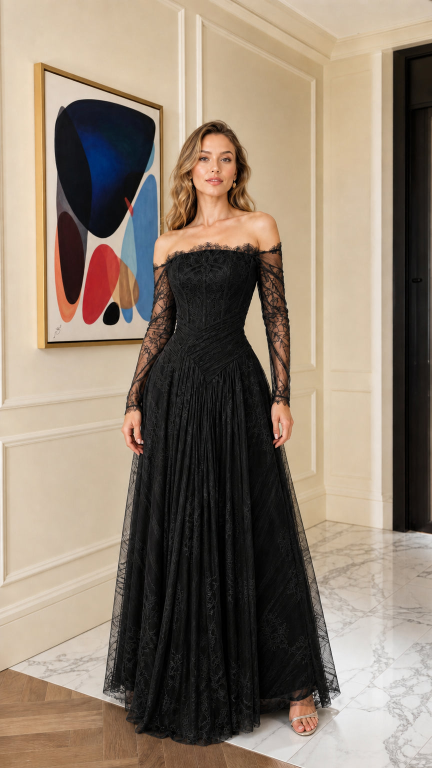 Front view of black off-shoulder lace evening gown