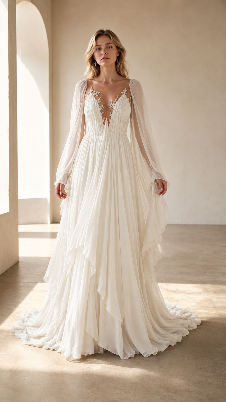 Front view of ivory plunge bodice maxi gown with sheer sleeves and layered hem