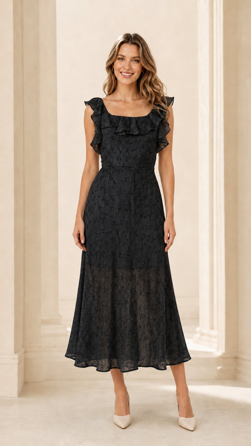 Front view of woman wearing black ruffled floral midi dress