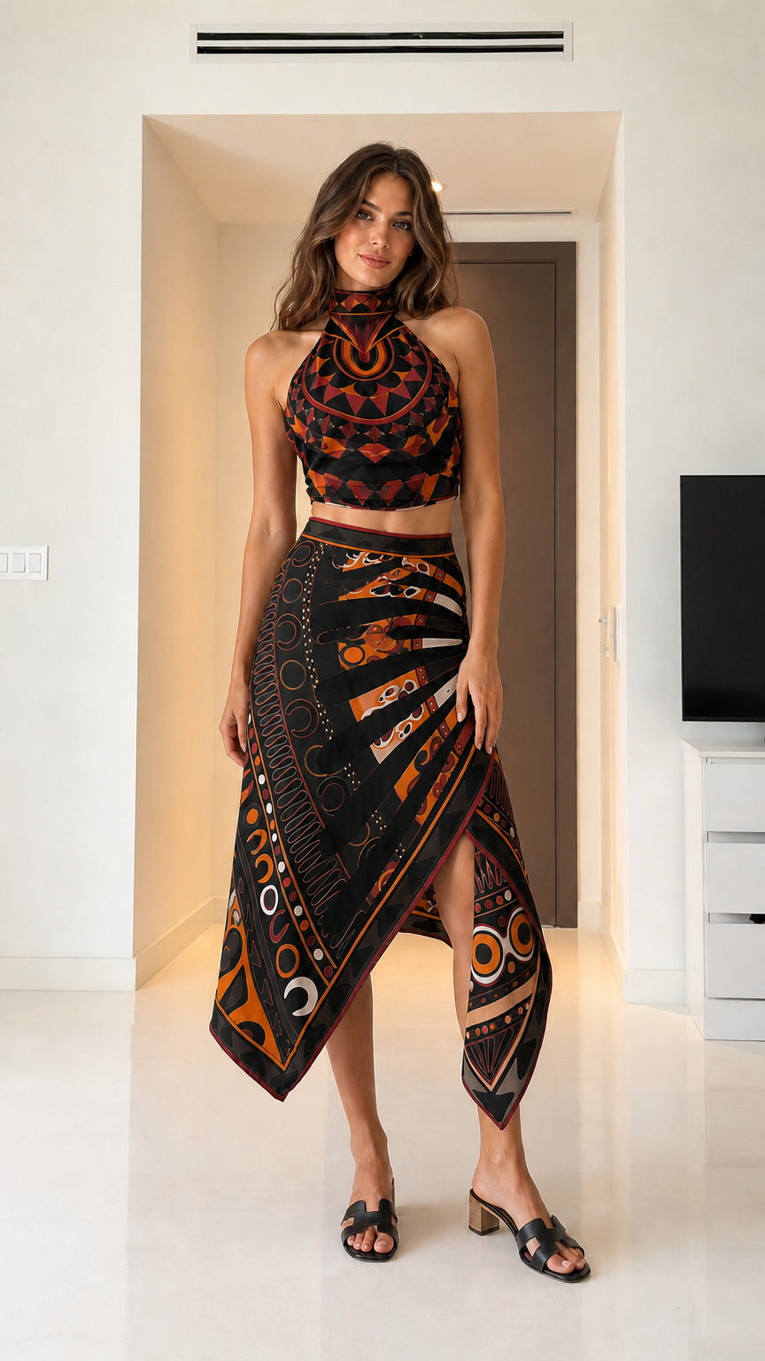 Woman wearing black geometric print two-piece set front view