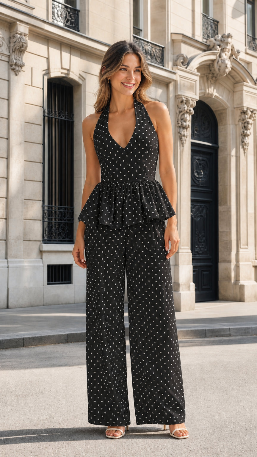 Front view of black polka dot halter peplum jumpsuit