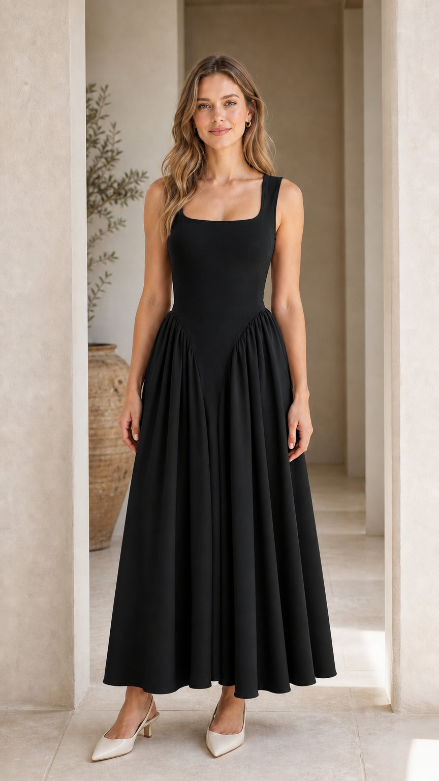 Front full view of woman wearing black maxi dress