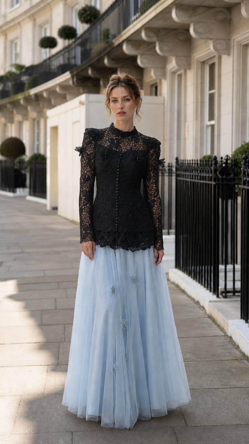 Full view of the black lace top paired with the light blue tulle skirt