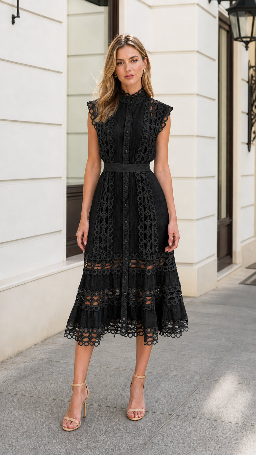 Front view of model wearing Black lace midi dress