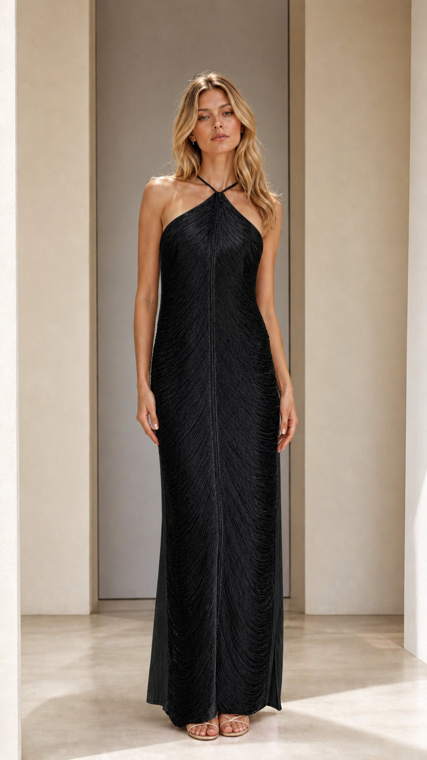 Model wearing black halter neck pleated maxi dress