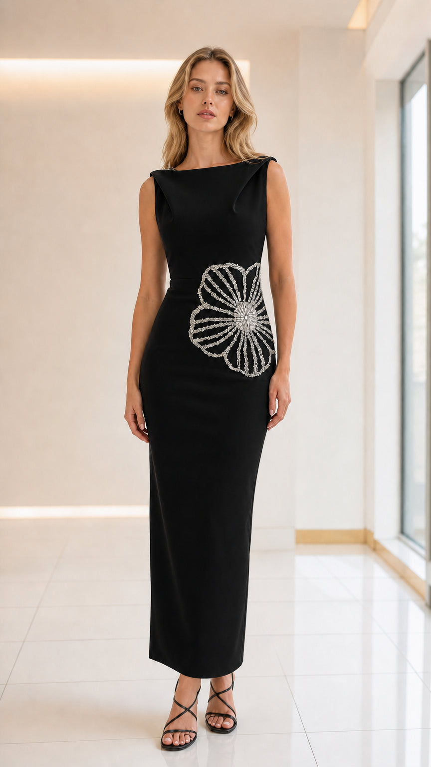 Front view of black evening maxi dress