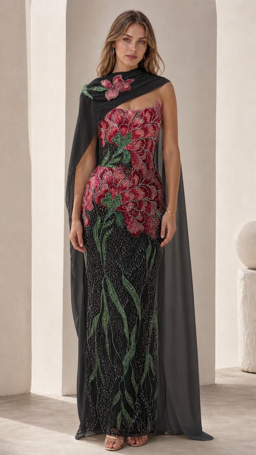 Black variant of the embroidered floral strapless evening gown with cape