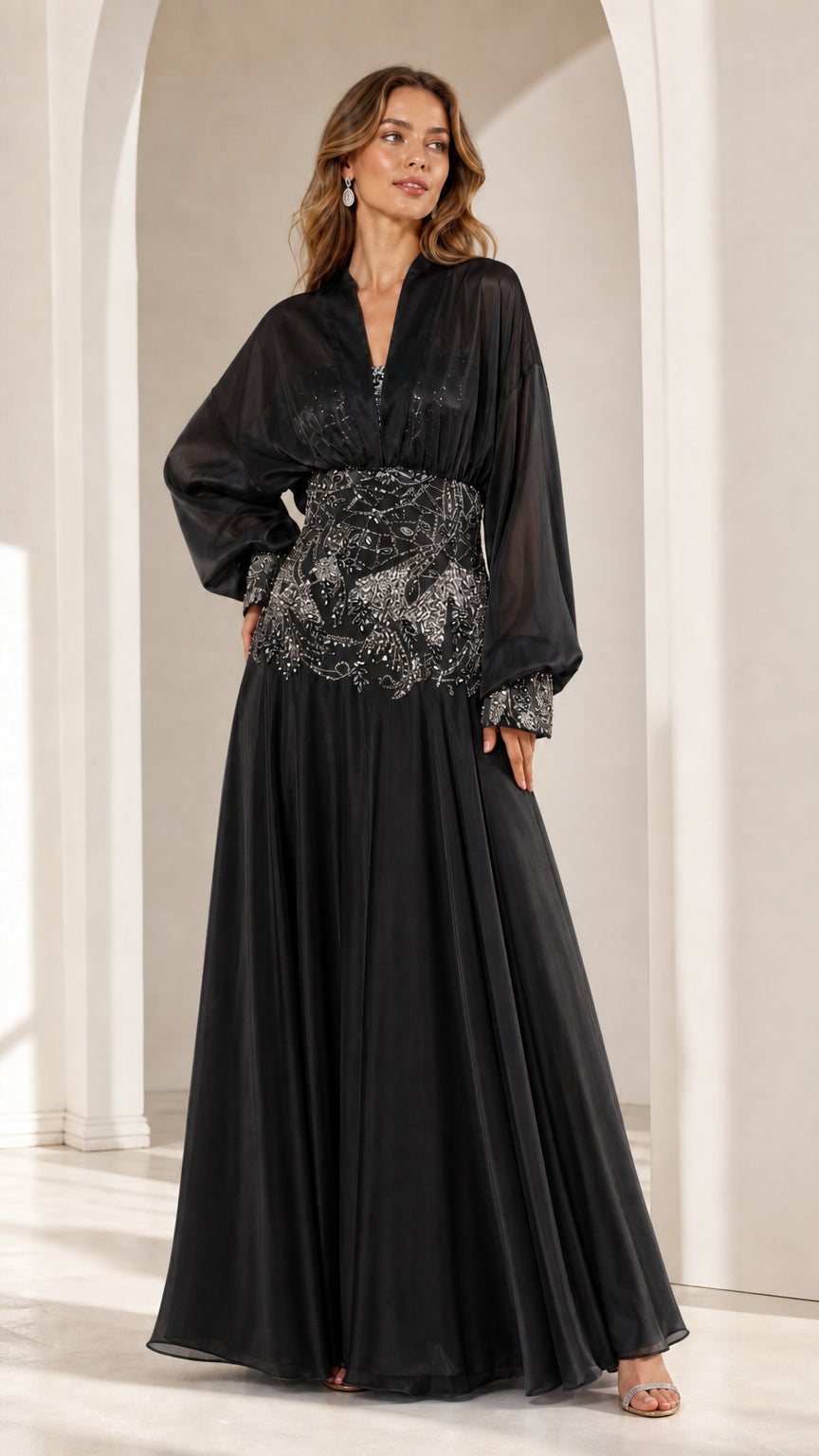 Full view of black embellished evening maxi dress