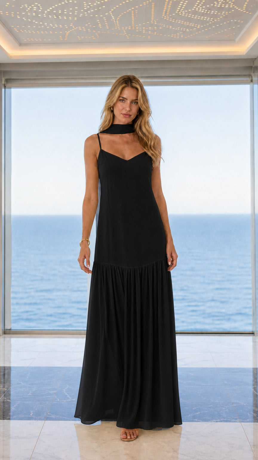 Front view of black choker maxi dress