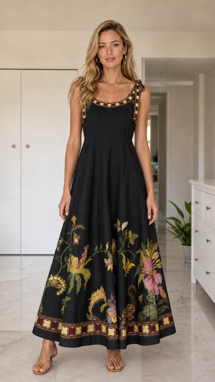 Front full view of black floral maxi dress variant