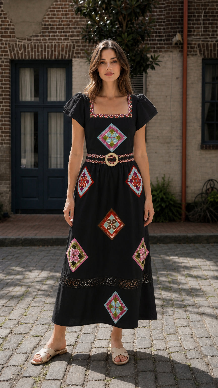 Front view of Black Bohemian Geometric Embroidered Square Neck Maxi Dress