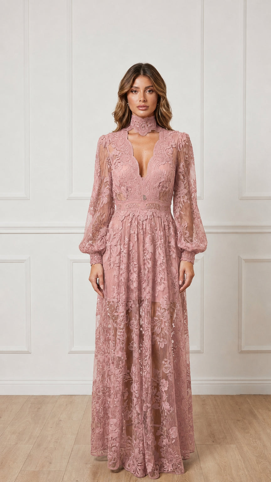 Front view of dusty rose sheer lace maxi dress