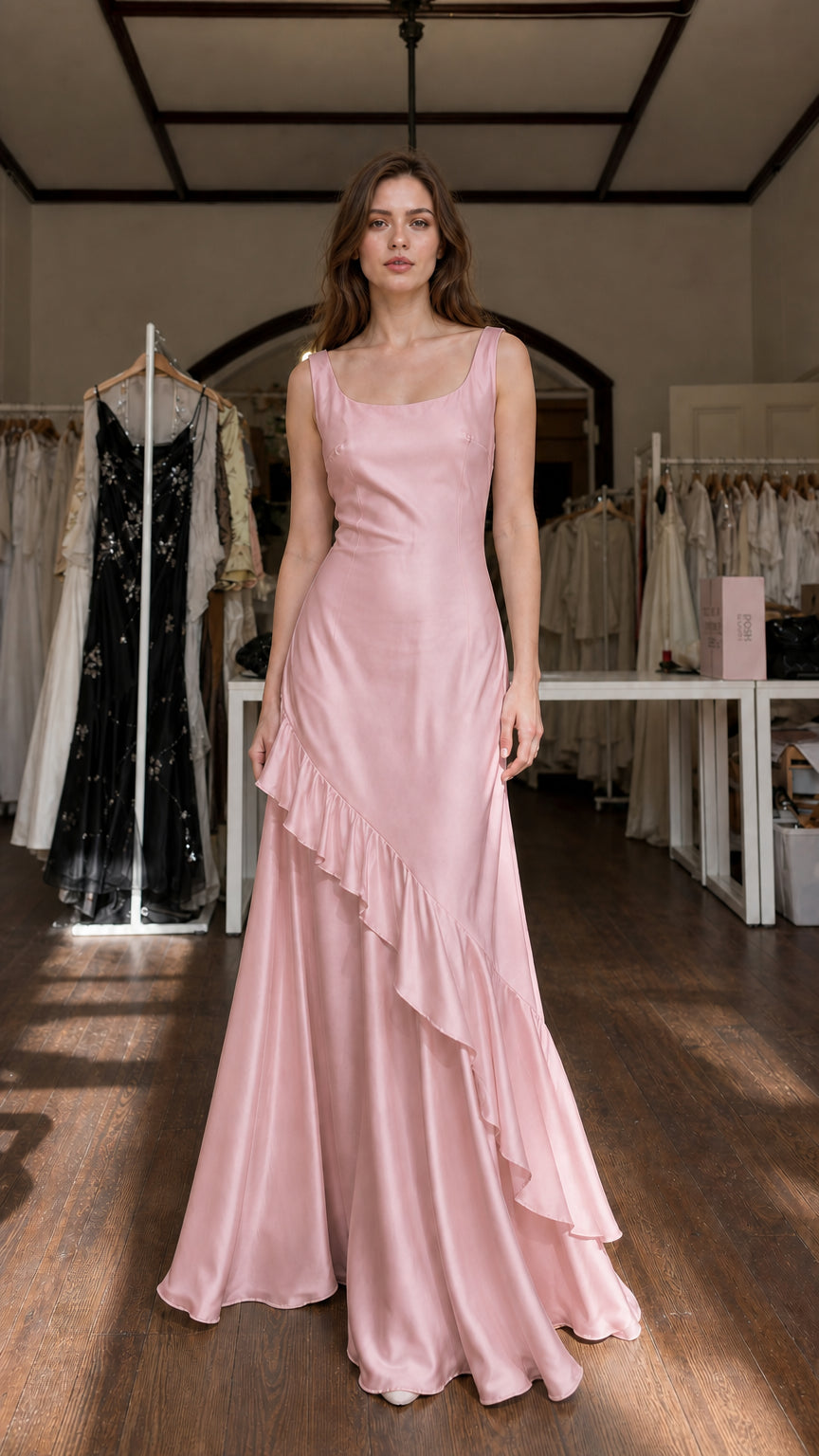 Model wearing Pink satin maxi dress