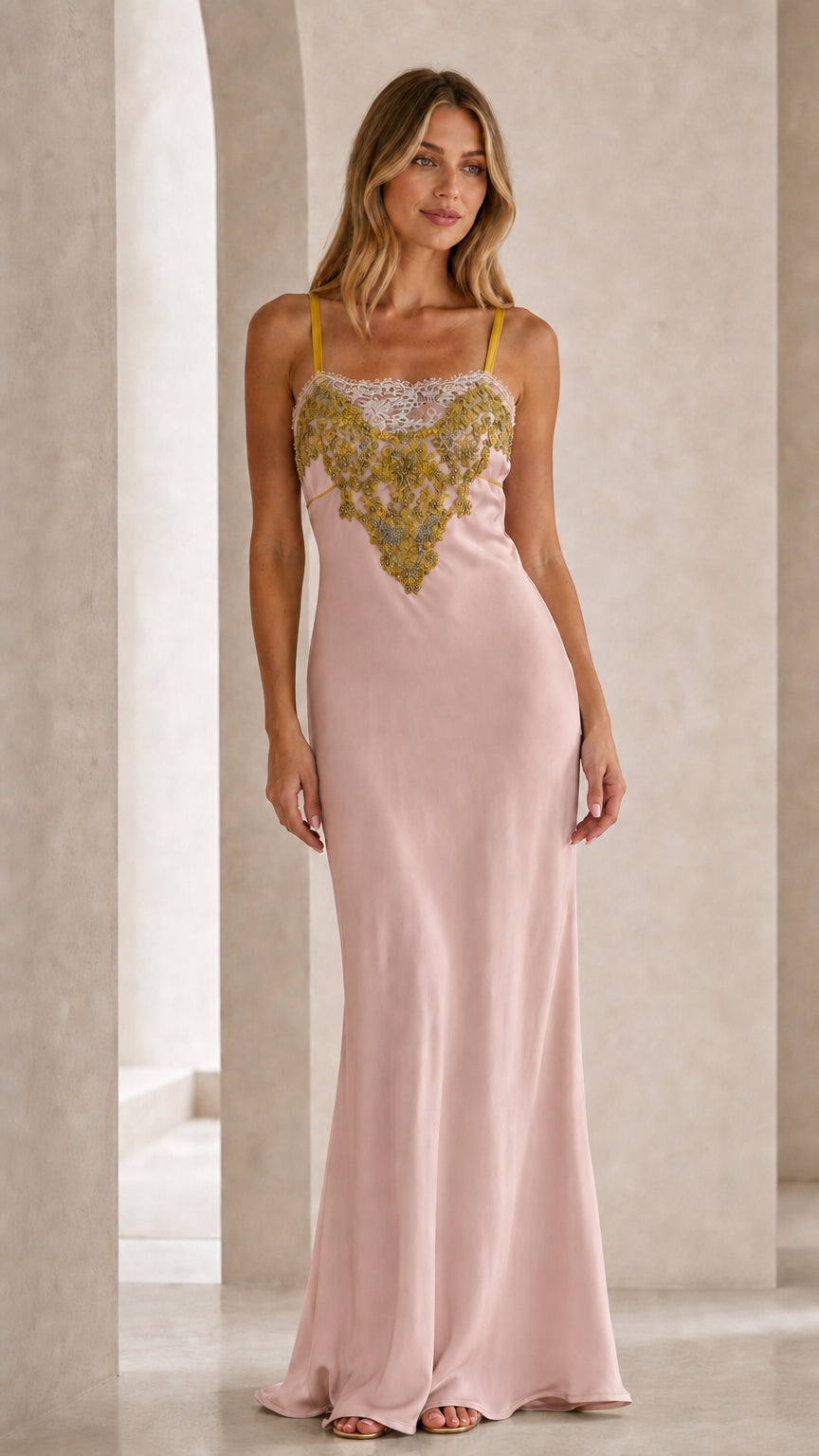 Front view of blush pink satin slip maxi dress with embroidered bodice