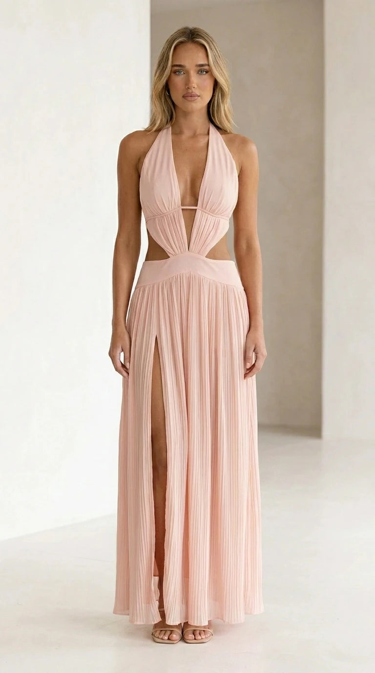 Pink color variant of halter neck cutout pleated maxi dress