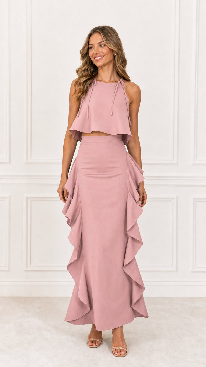 Model wearing Pink Two-Piece Ruffle Maxi Dress Set
