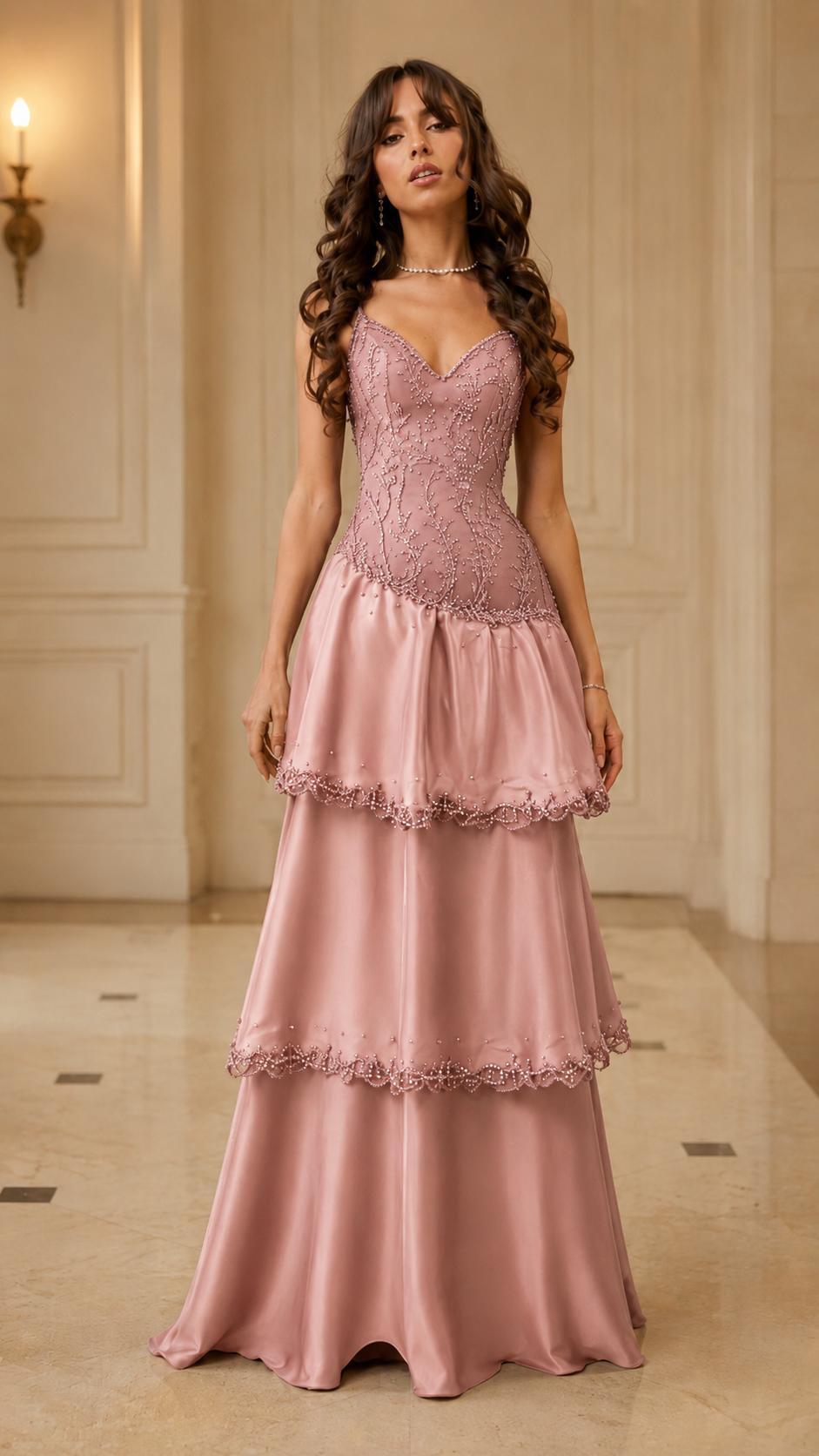 Front view of blush pink sweetheart cami tiered maxi dress