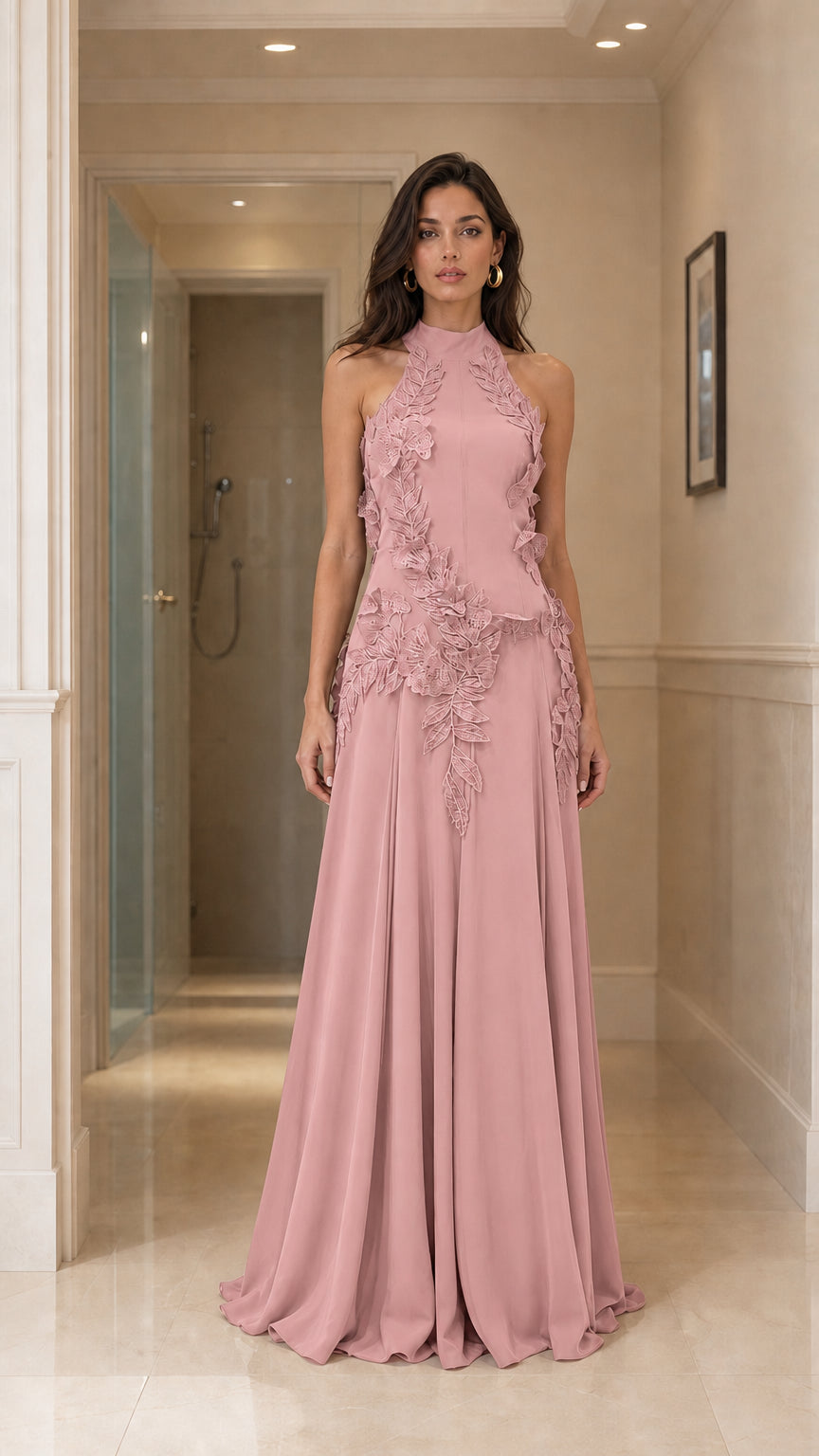 Front view of dusty pink halter neck maxi dress