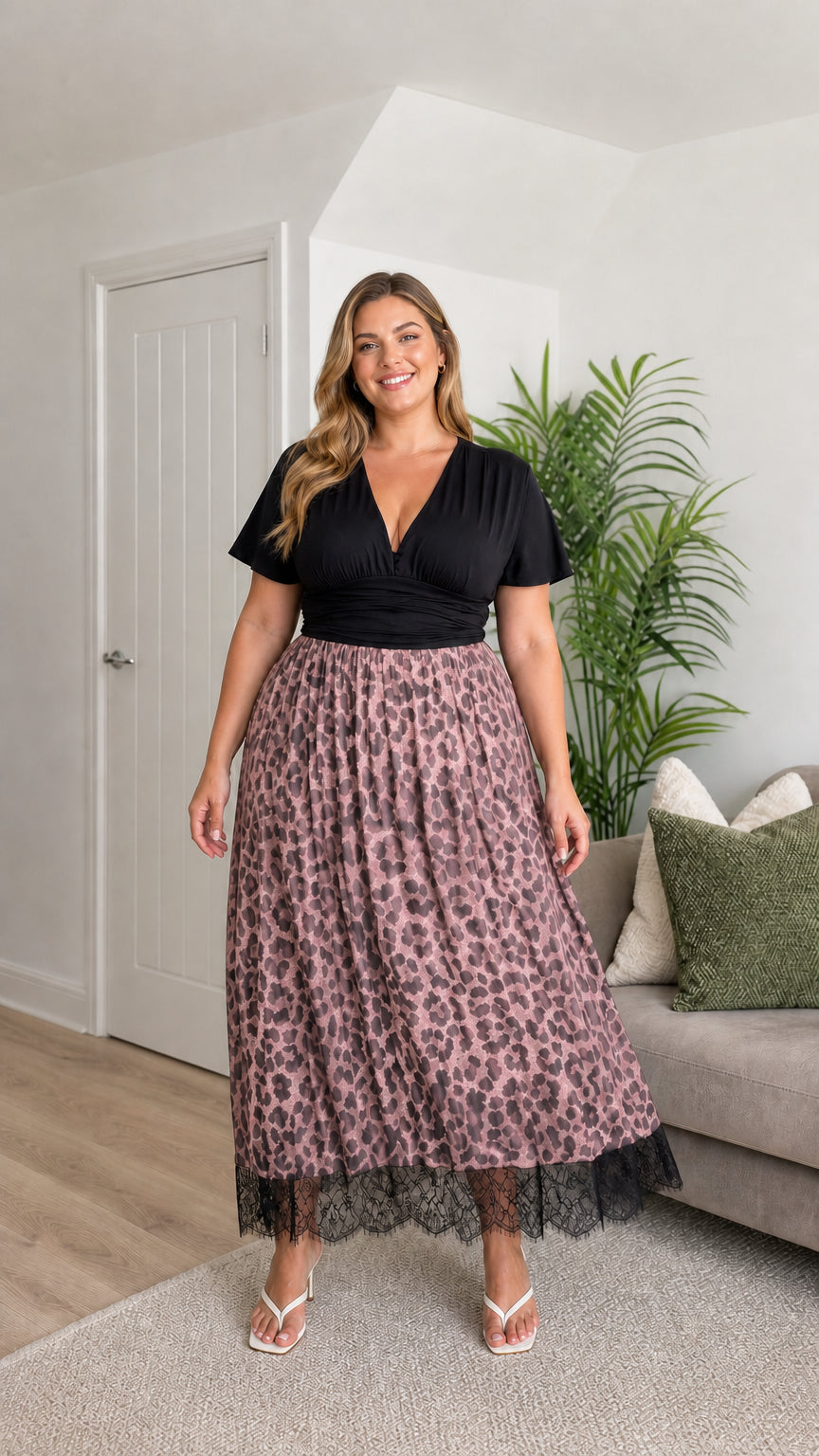 Front view of plus size pink leopard print midi dress