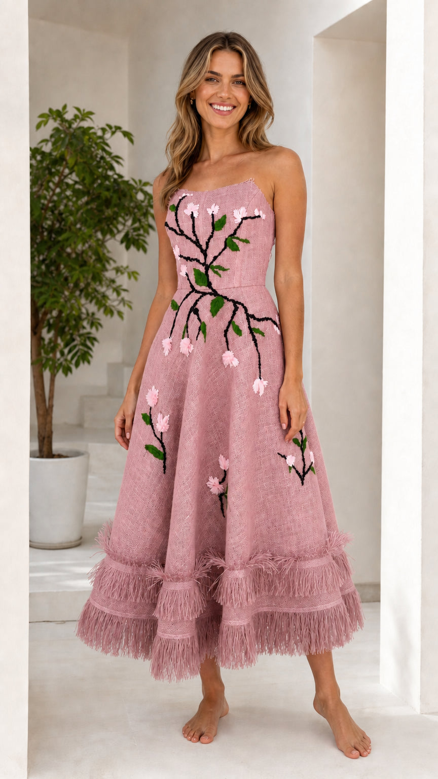 Front view of pink floral embroidered strapless midi dress