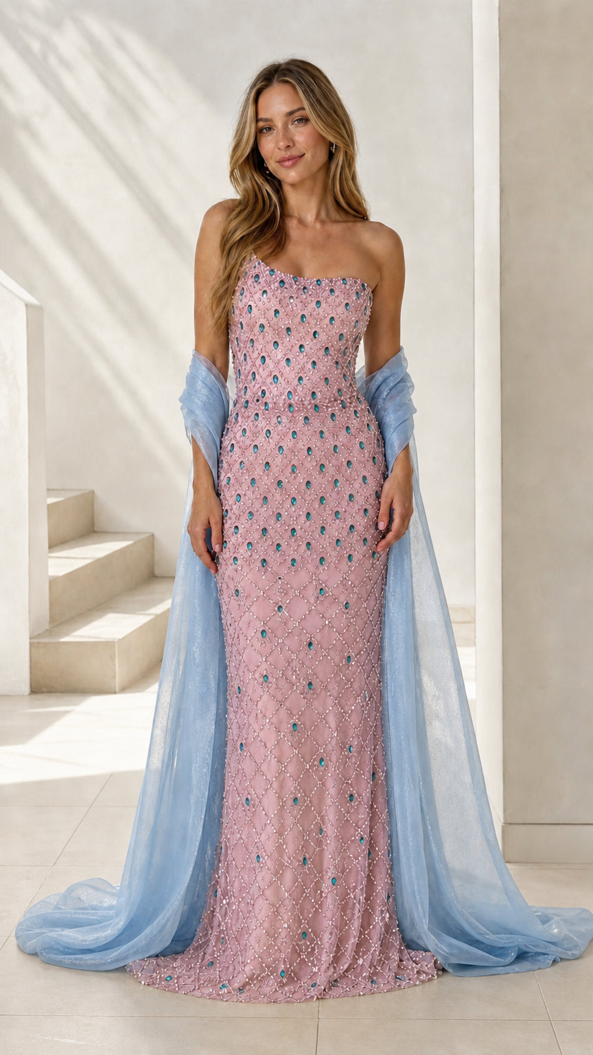 Front view of pink variant beaded evening gown