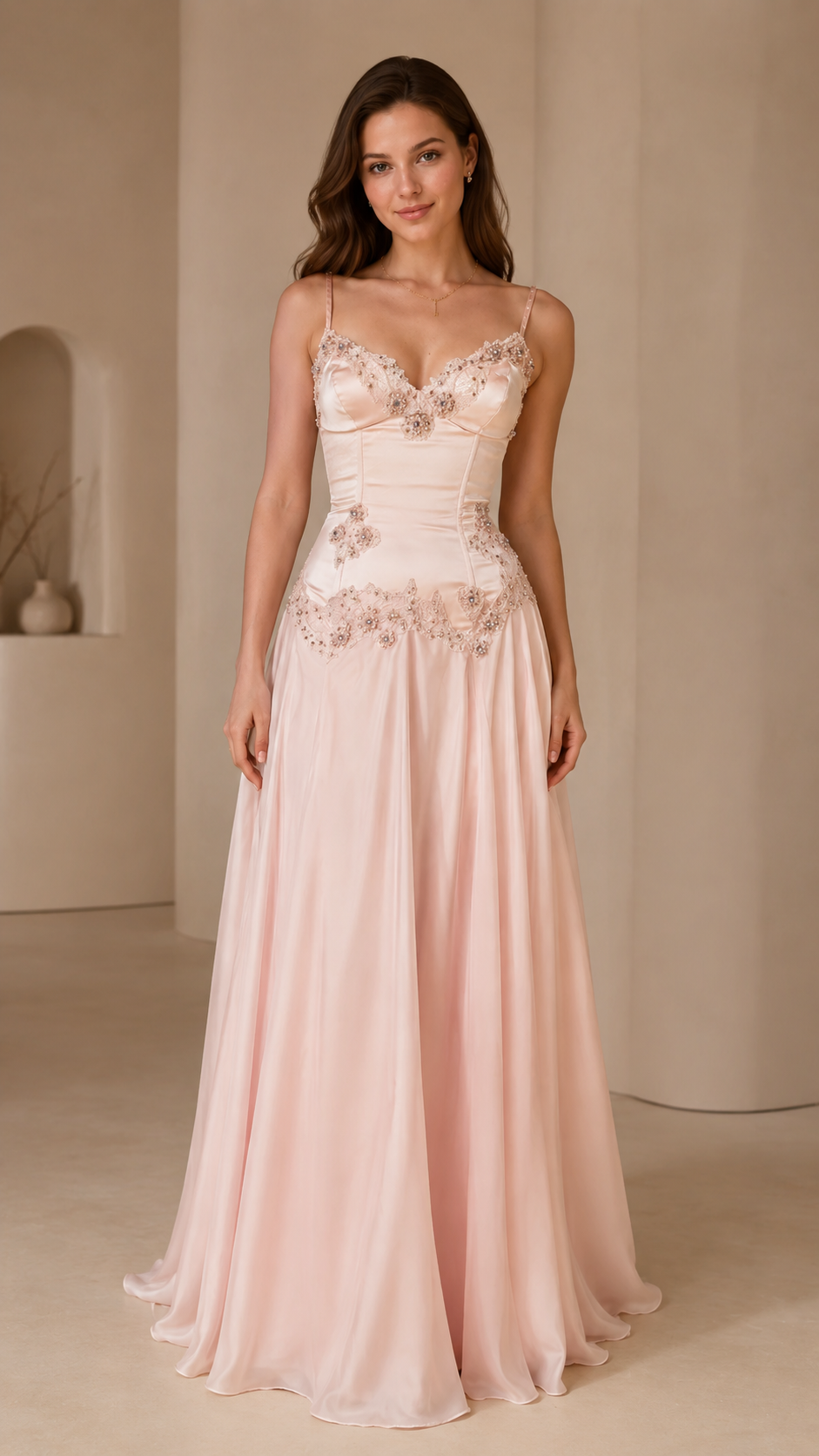 Blush pink embroidered satin-look spaghetti strap maxi evening dress front view