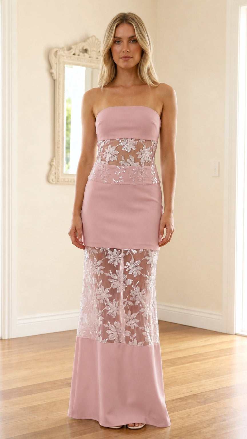 Model wearing pink strapless sequin mesh maxi dress