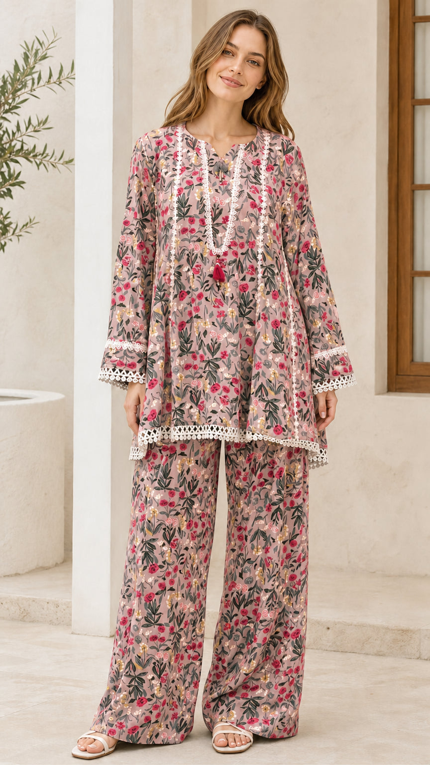 Model wearing pink floral two-piece set
