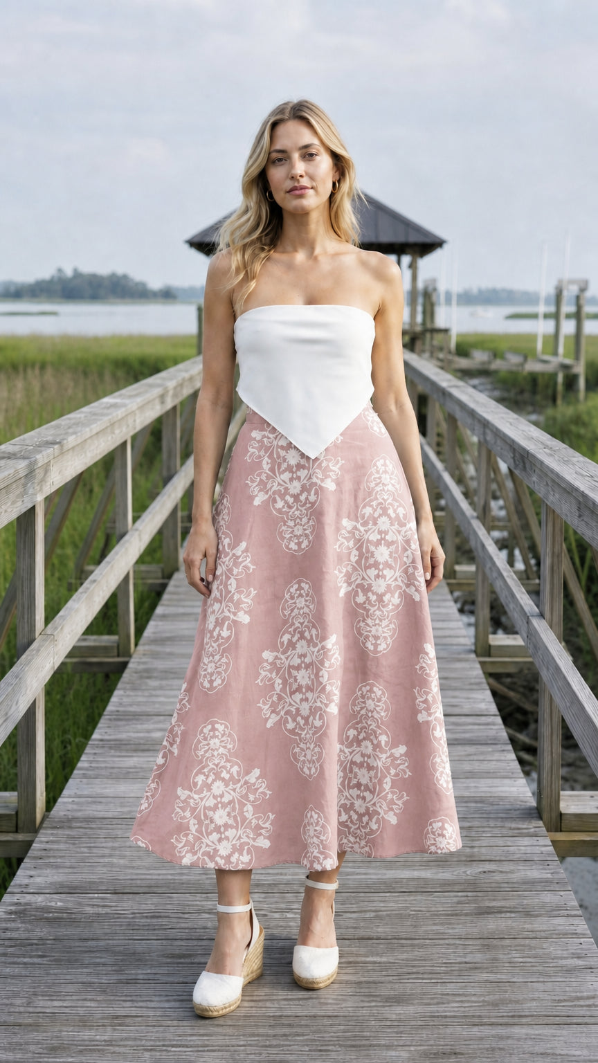 Front view of pink floral midi skirt variant
