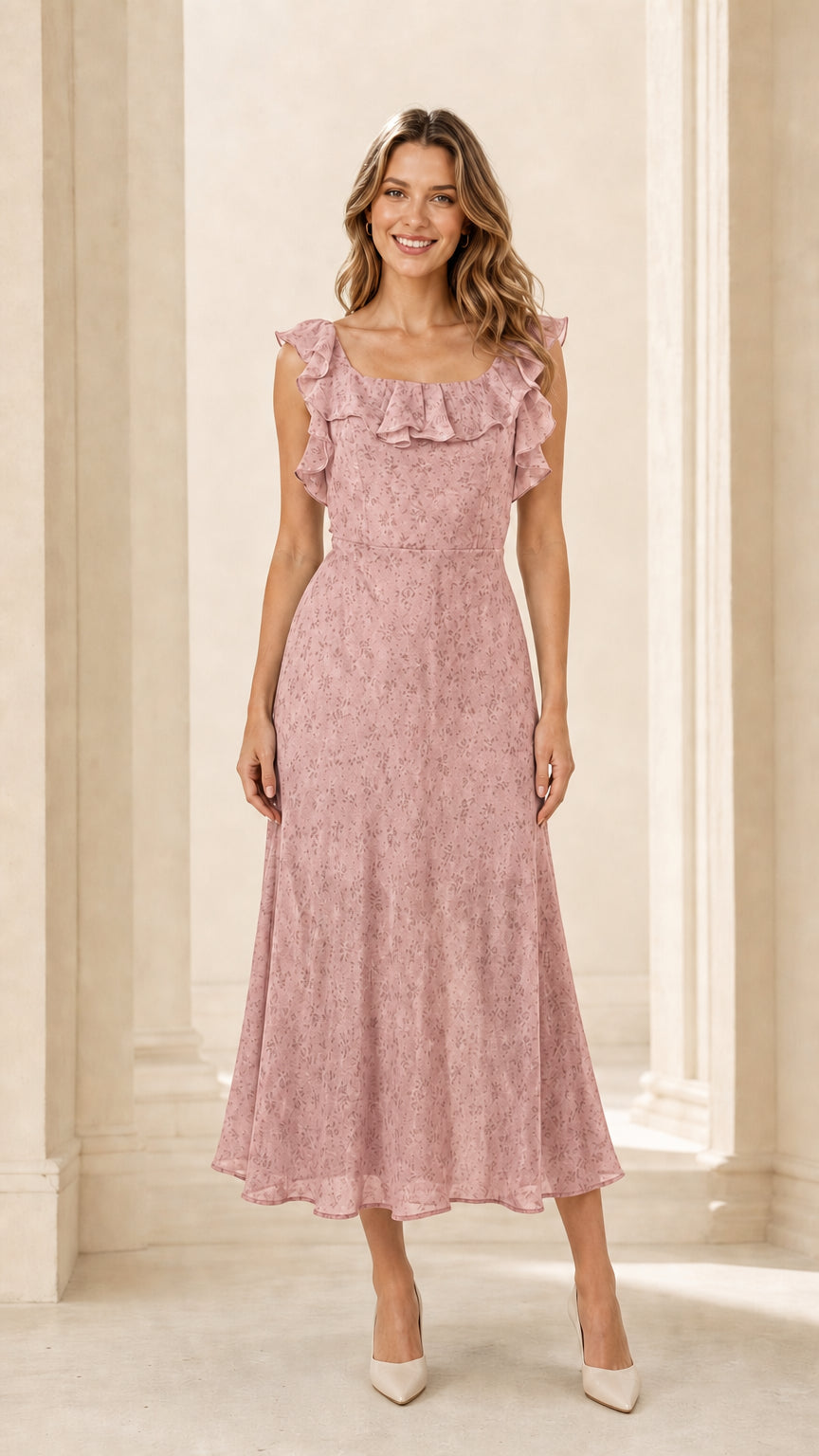 Front view of woman wearing pink ruffled floral midi dress