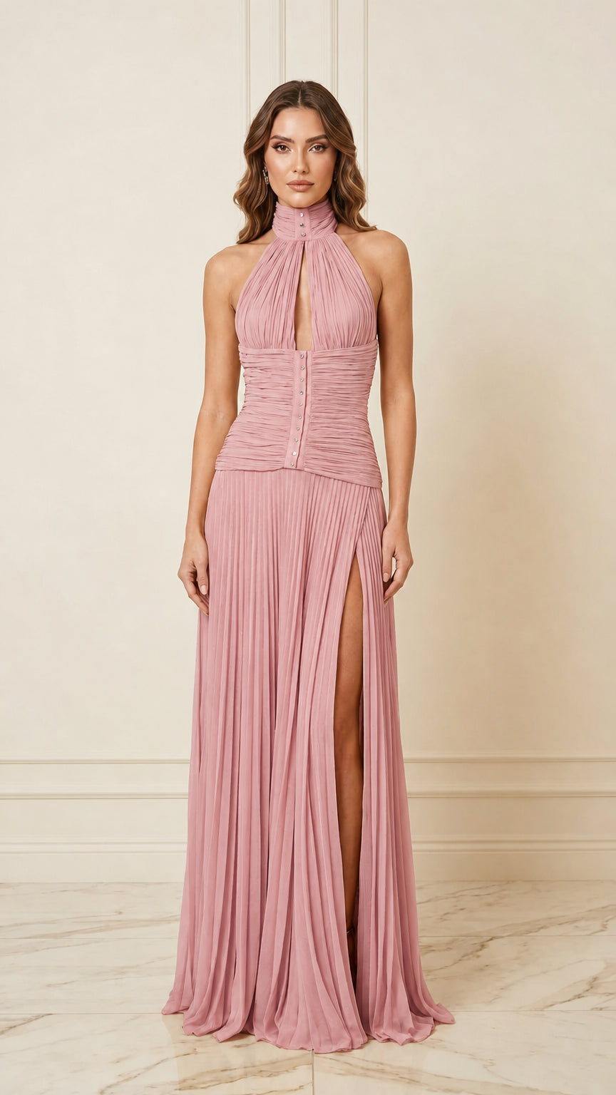 Front view of pink pleated halter evening dress