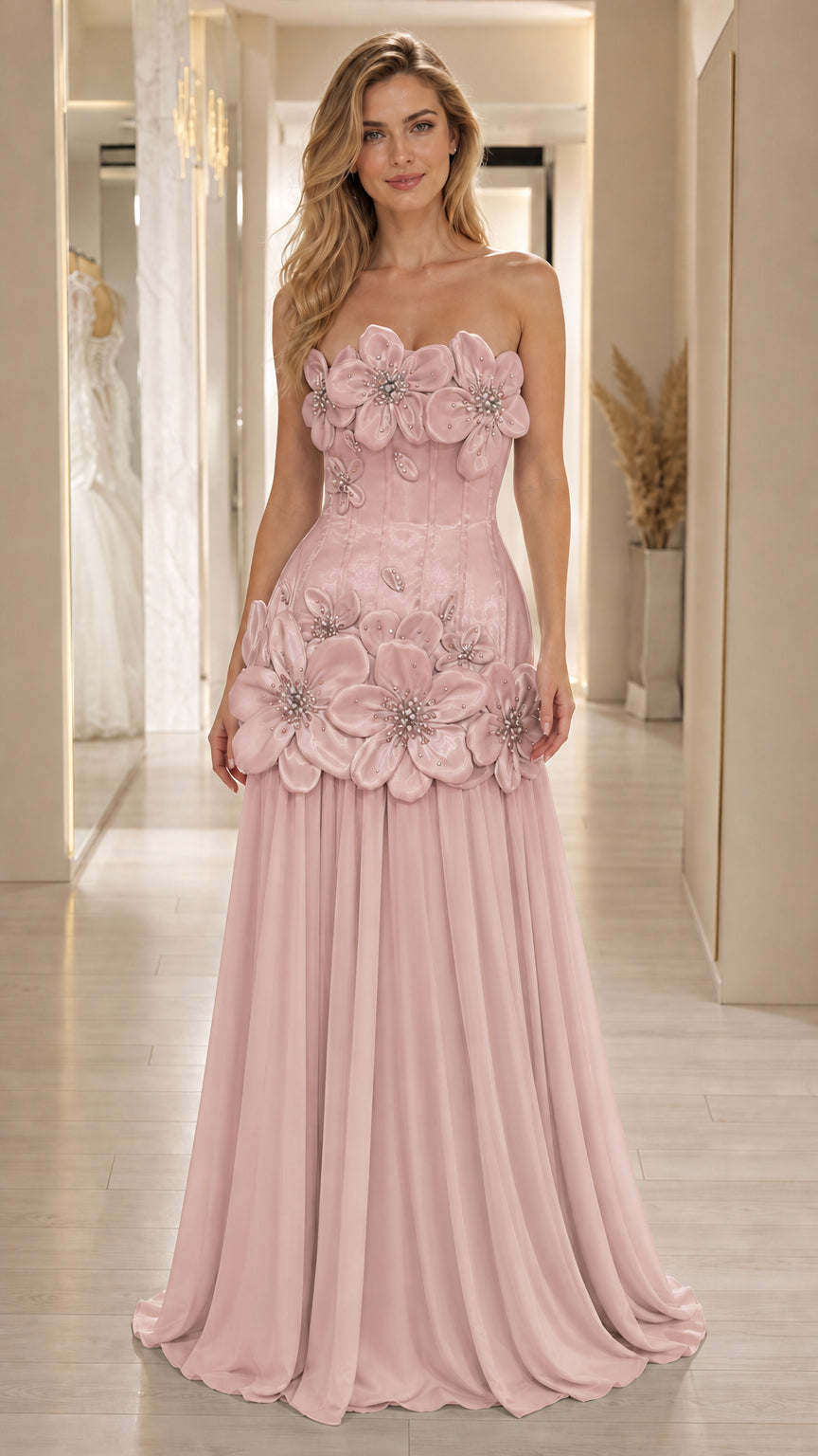 Front view of blush pink 3D floral strapless evening gown