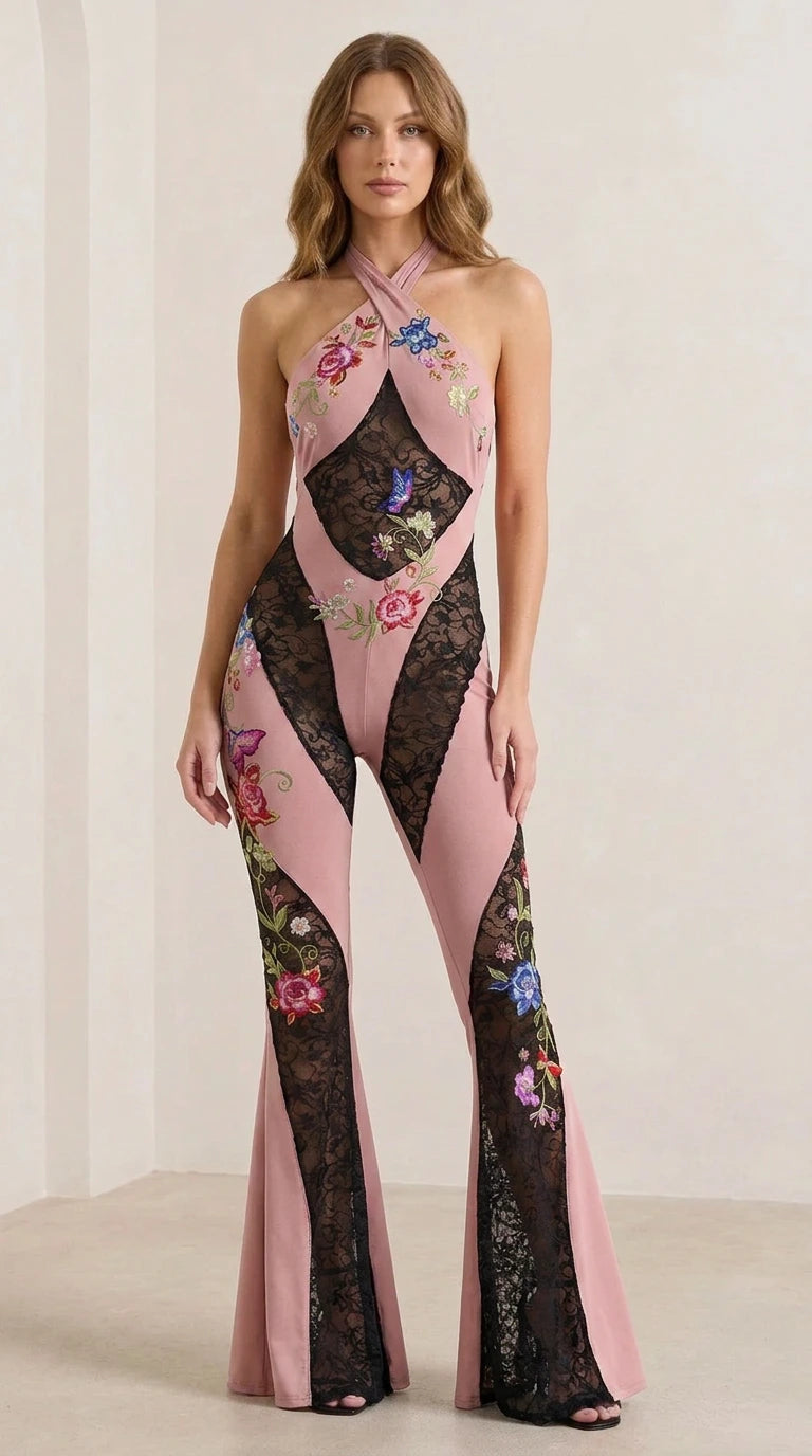 Pink color variant of the floral embroidered lace jumpsuit