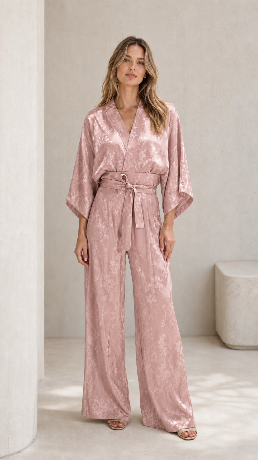 Woman wearing dusty pink satin jumpsuit