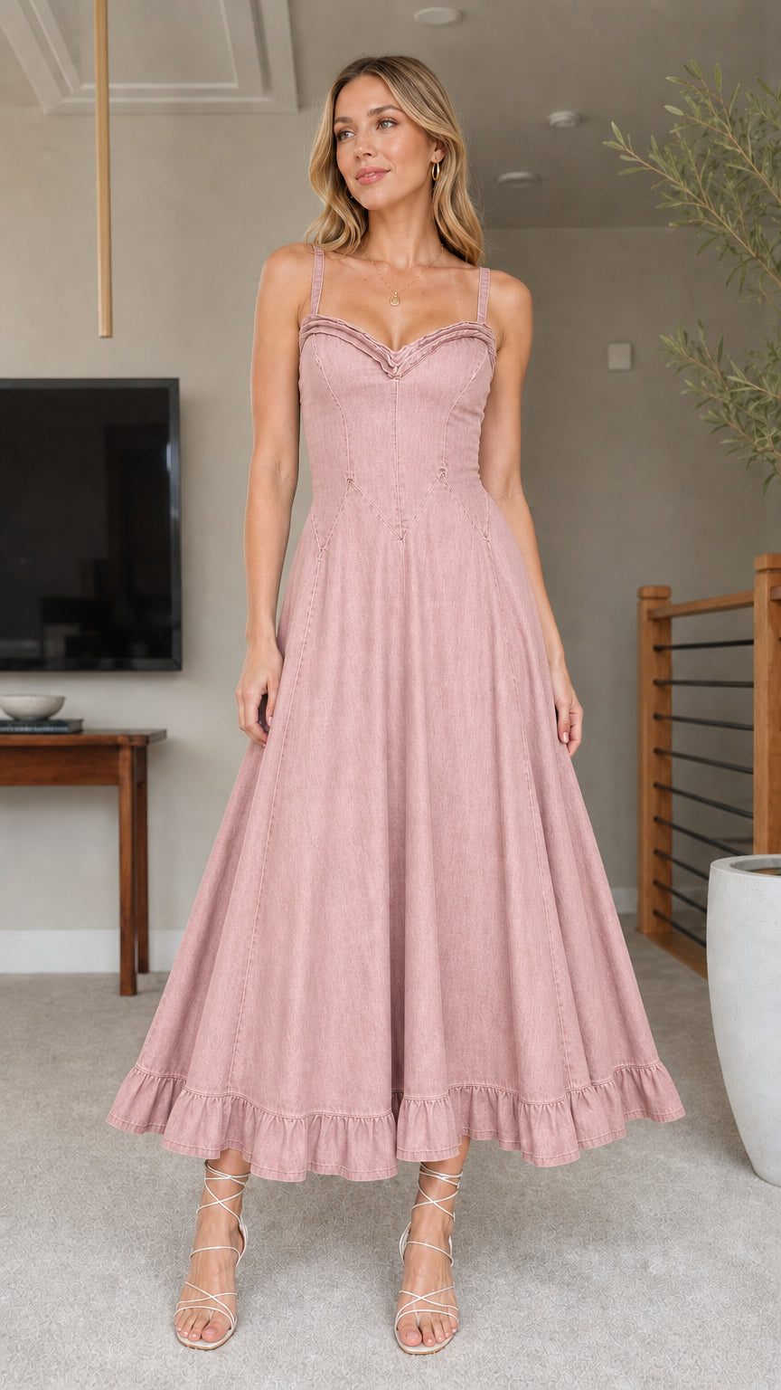 Women's Pink Denim Midi Dress Front View