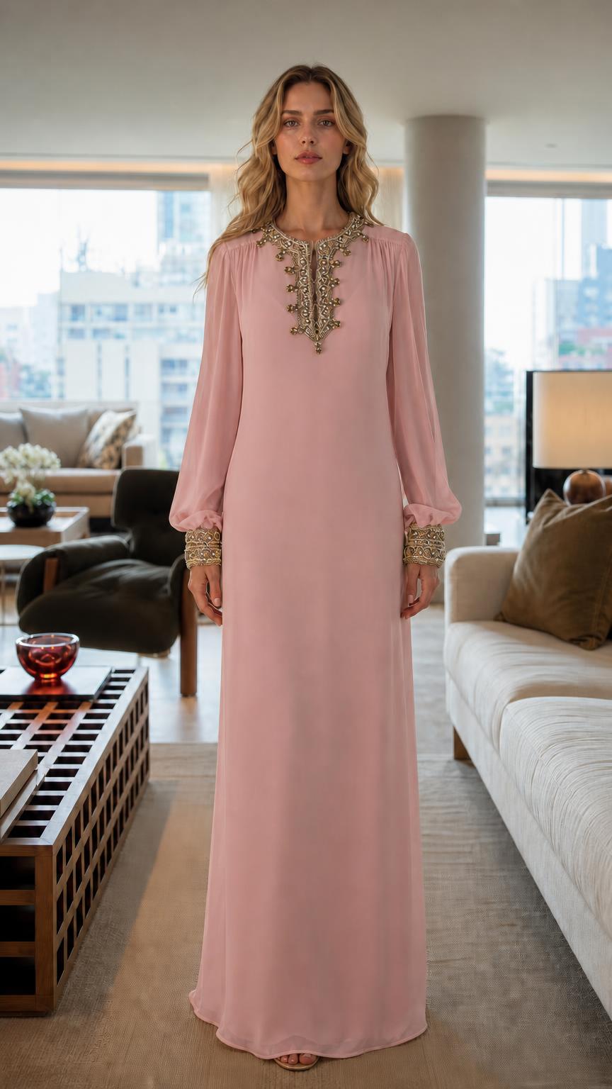 Front view of woman wearing pink embroidered long sleeve maxi dress