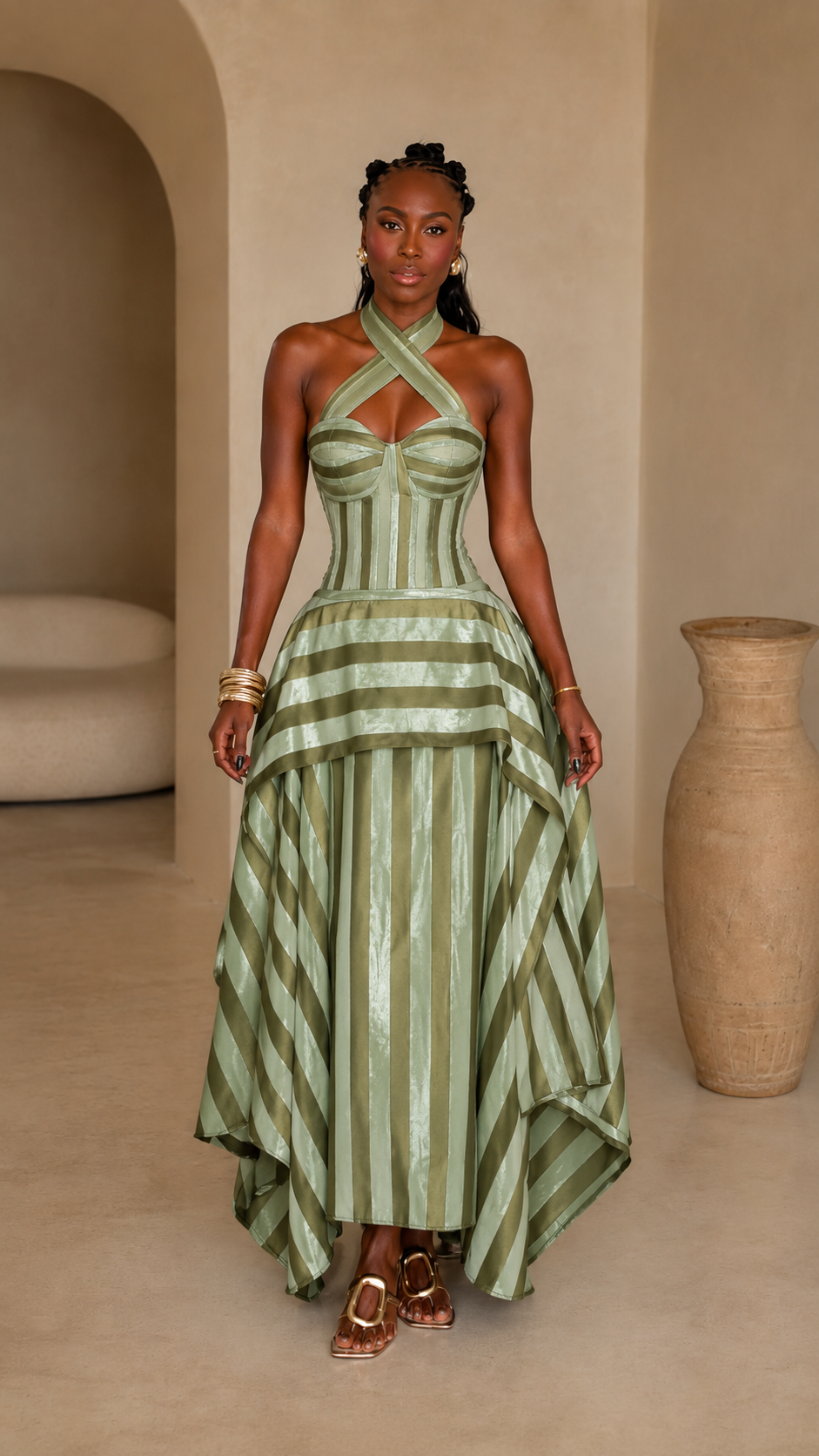 Front view of sage striped cross halter corset maxi dress