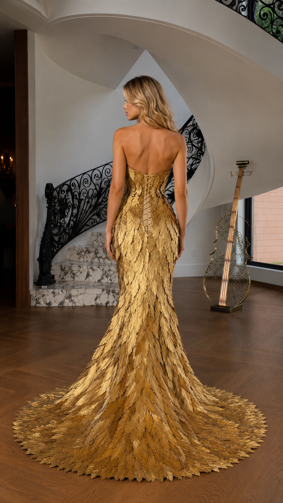 Back view of gold strapless mermaid gown with fitted silhouette and dramatic train