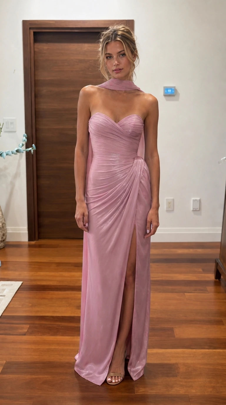 Dusty pink ruched halter maxi dress with front slit