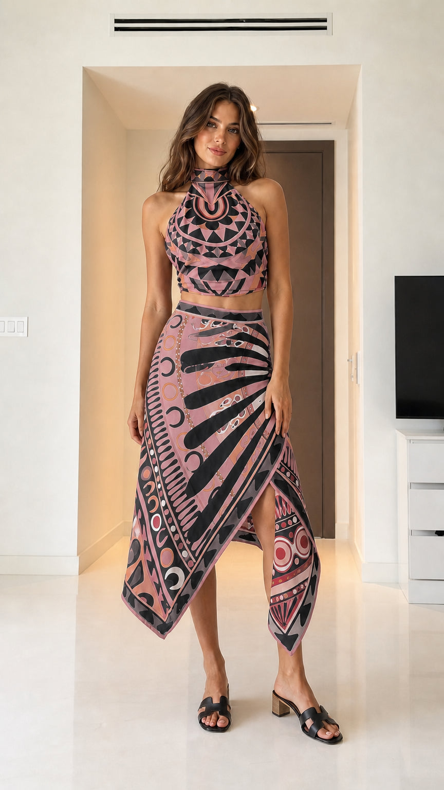 Woman wearing pink geometric print two-piece set front view