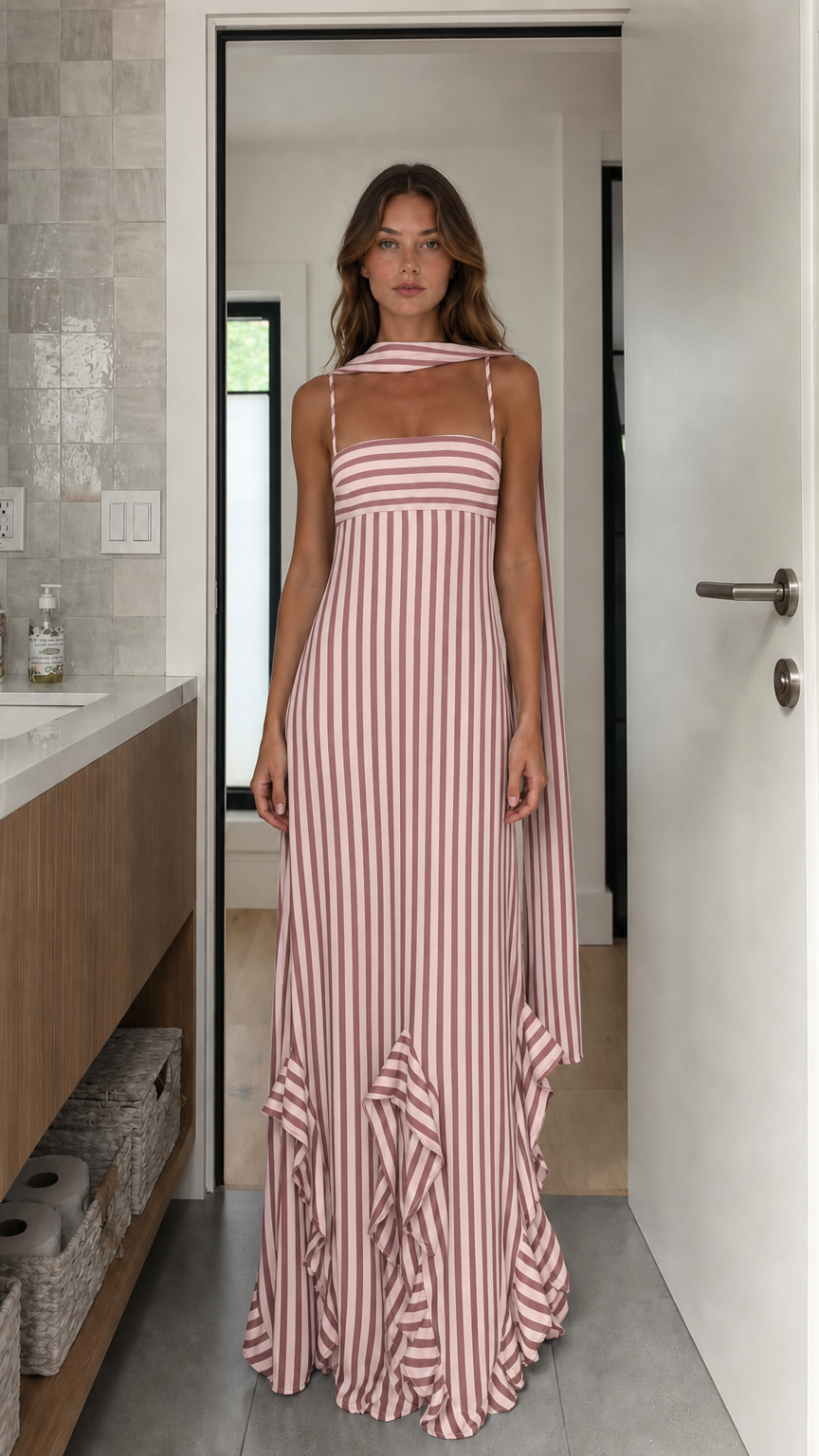 Model wearing pink striped maxi dress variant