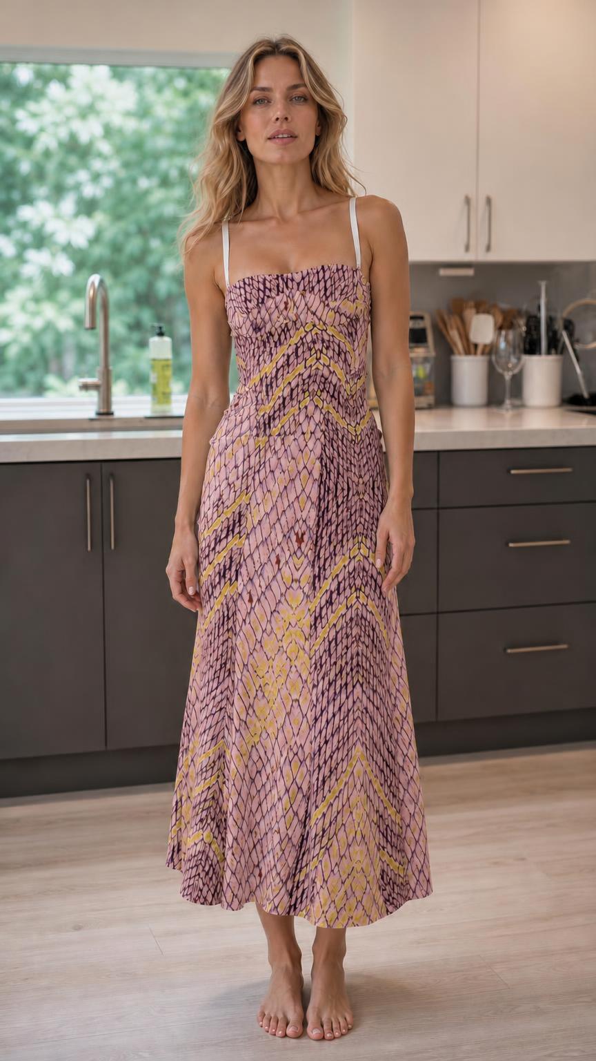 Model wearing pink printed cami midi dress