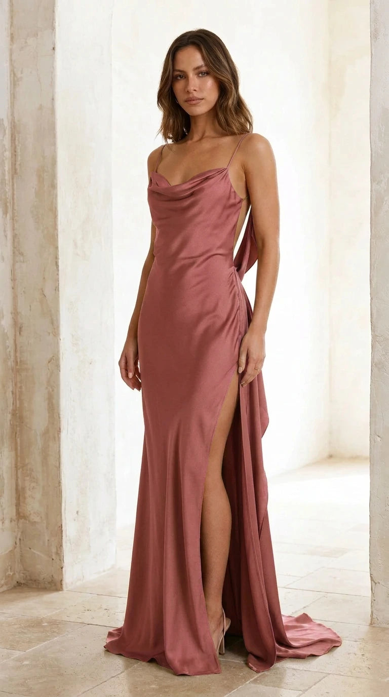 Front view of dusty rose satin maxi dress