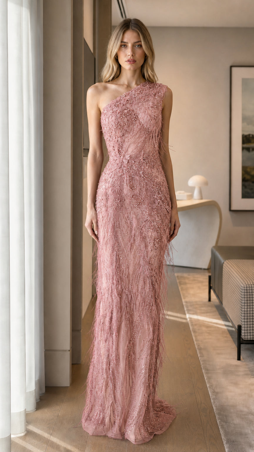 Pink One-Shoulder Beaded Formal Evening Dress Front View