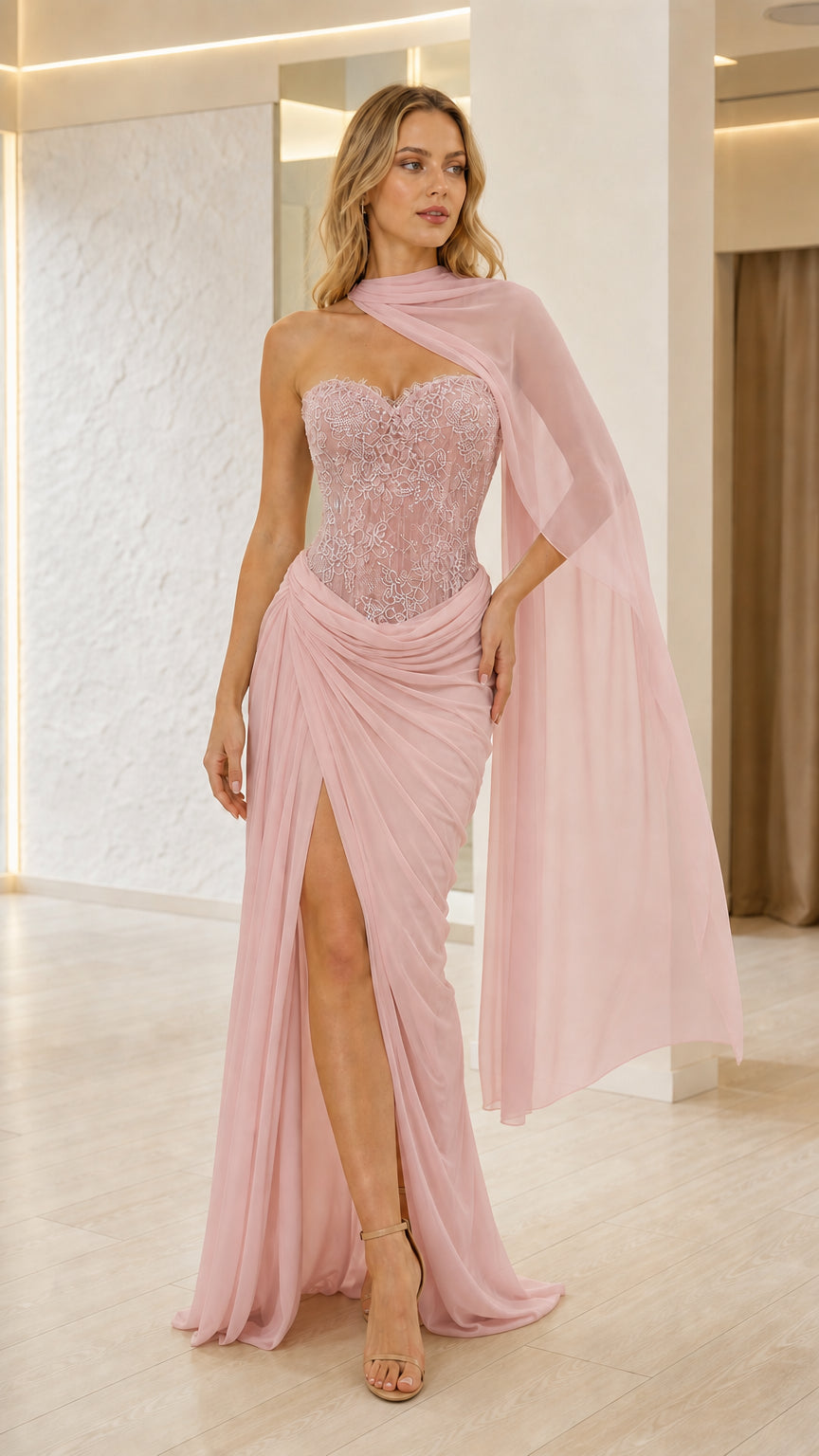 Blush pink lace corset maxi dress with one-shoulder sheer cape