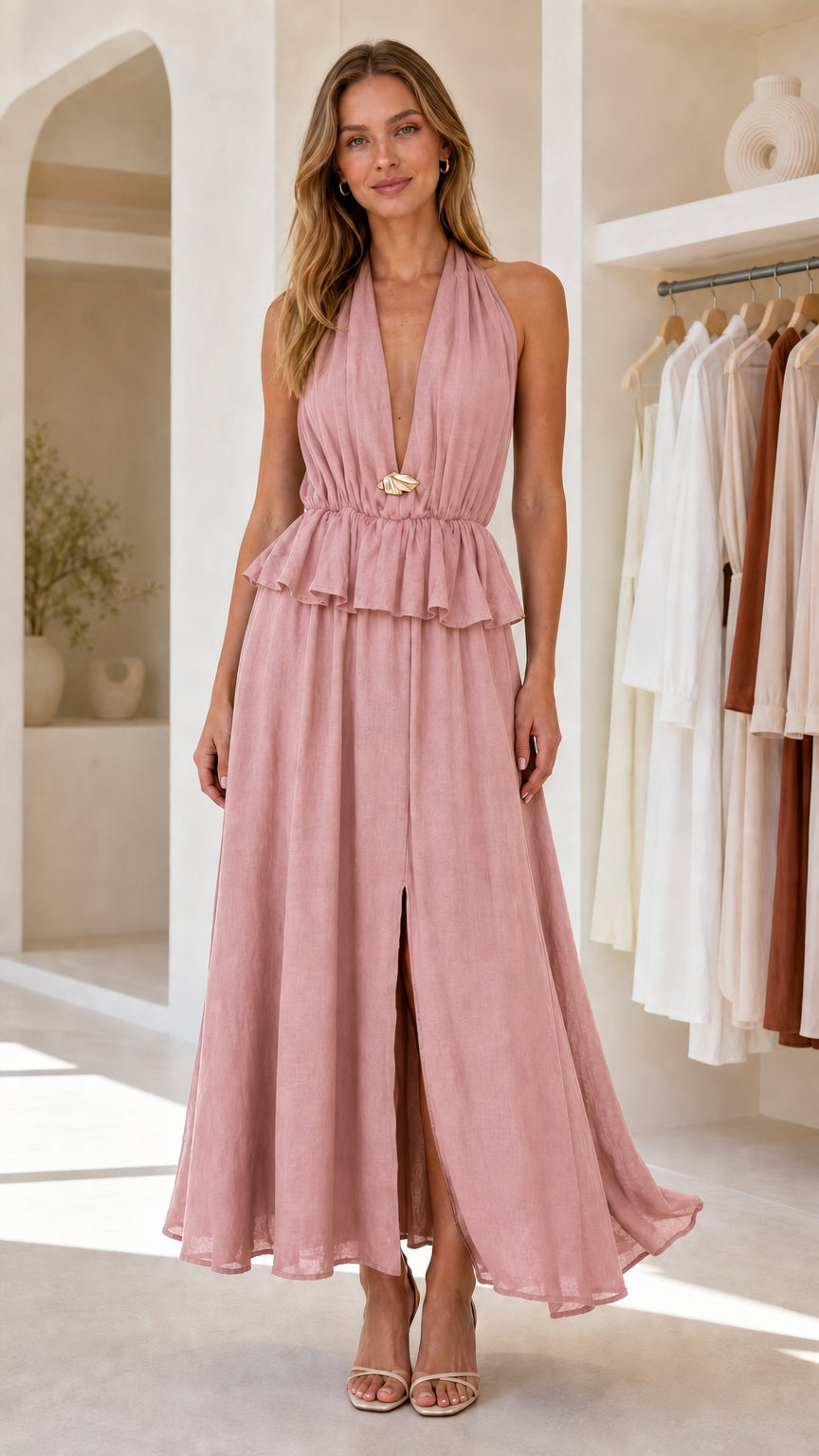 Front view of dusty pink halter neck peplum maxi dress