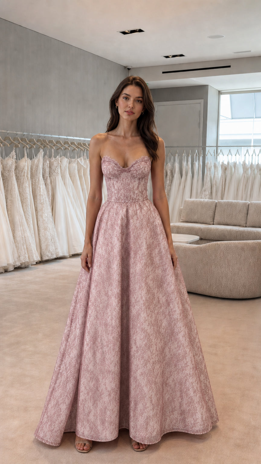 Front view of pink strapless lace evening gown